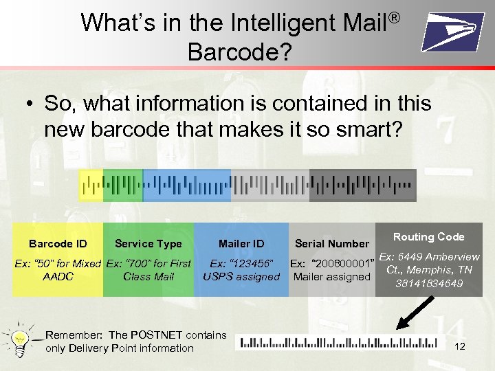 What’s in the Intelligent Mail® Barcode? • So, what information is contained in this