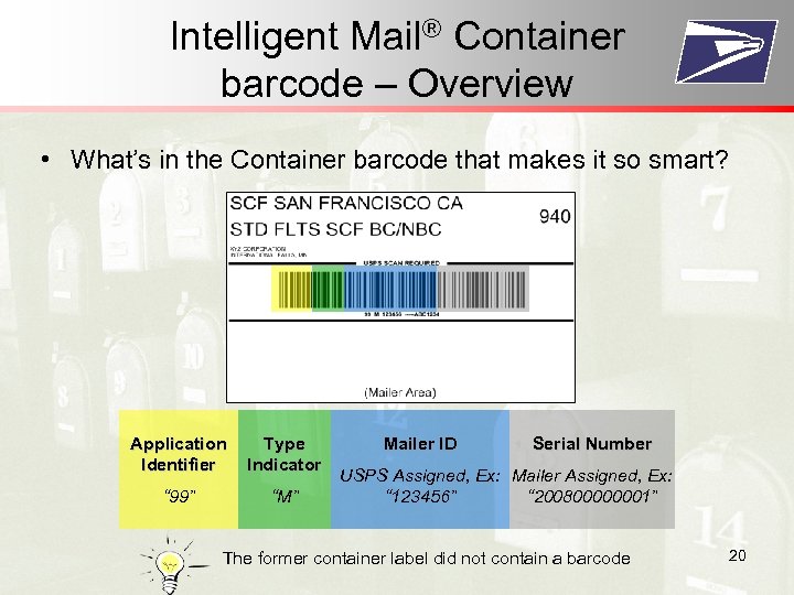 Intelligent Mail® Container barcode – Overview • What’s in the Container barcode that makes