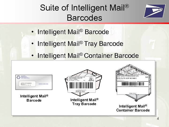 Suite of Intelligent Mail® Barcodes • Intelligent Mail® Barcode • Intelligent Mail® Tray Barcode