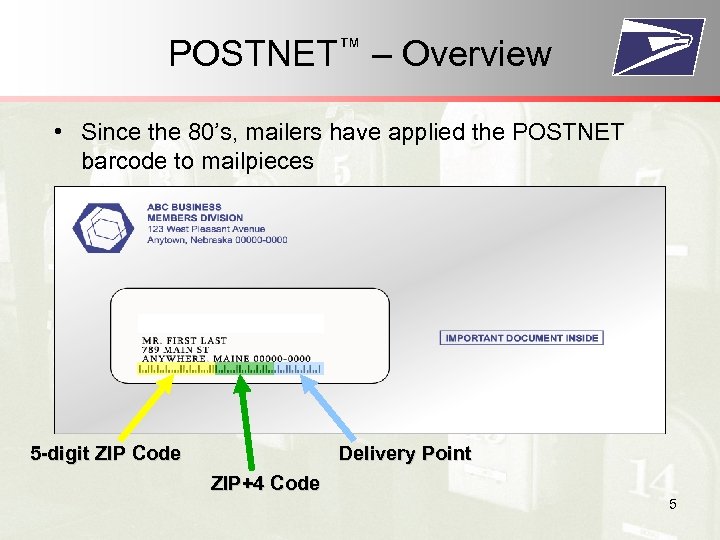 POSTNET™ – Overview • Since the 80’s, mailers have applied the POSTNET barcode to