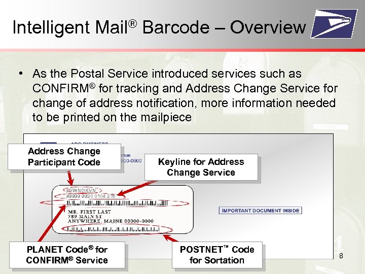 Intelligent Mail® Barcode – Overview • As the Postal Service introduced services such as