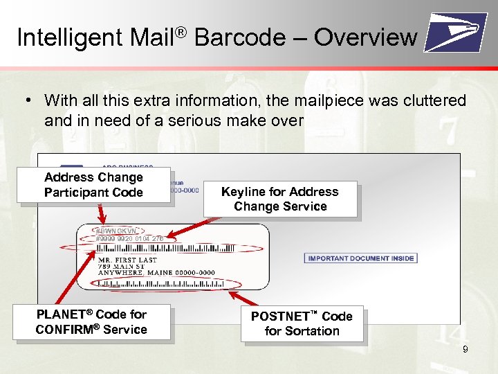 Intelligent Mail® Barcode – Overview • With all this extra information, the mailpiece was