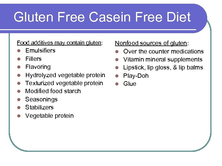 Gluten Free Casein Free Diet Food additives may contain gluten: l l l l