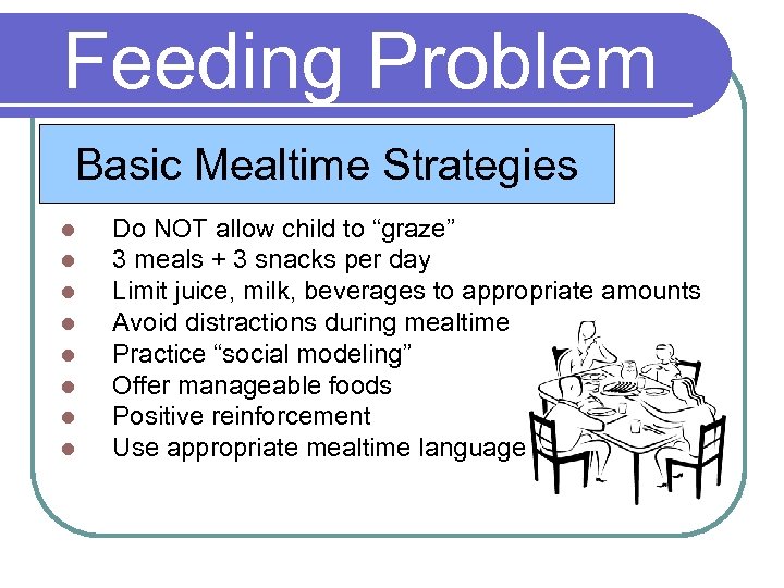 Feeding Problem Basic Mealtime Strategies l l l l Do NOT allow child to