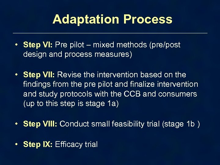 Adaptation Process • Step VI: Pre pilot – mixed methods (pre/post design and process