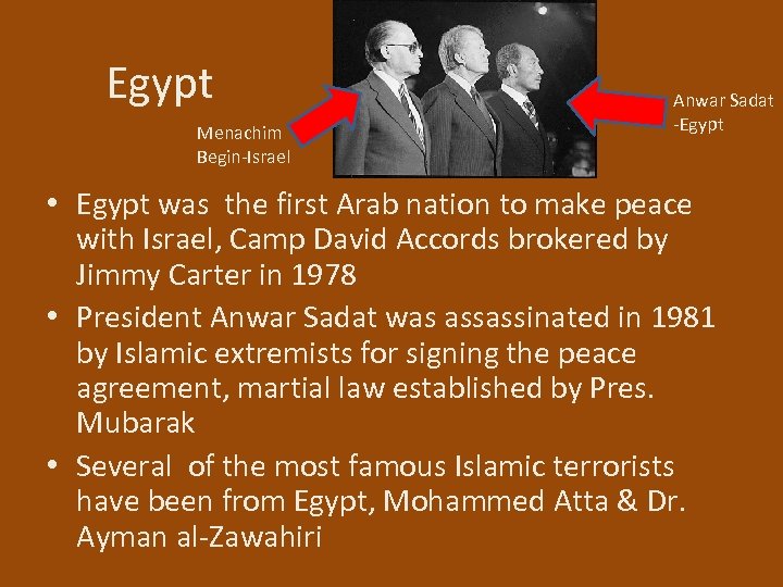 Egypt Menachim Begin-Israel Anwar Sadat -Egypt • Egypt was the first Arab nation to