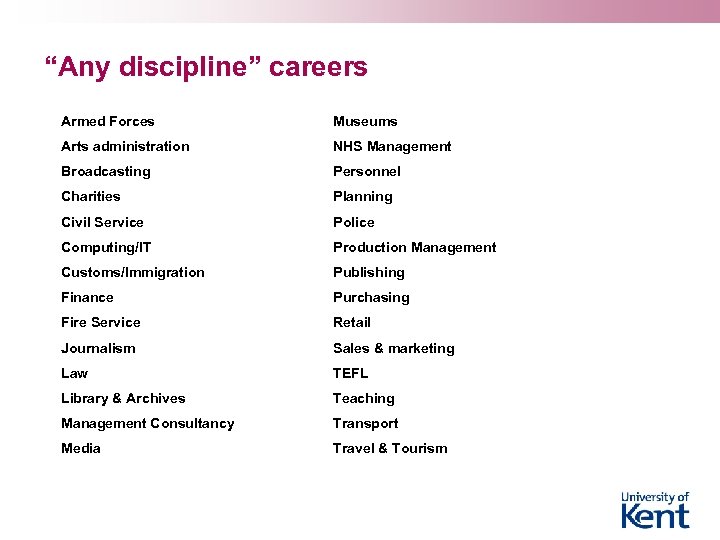 “Any discipline” careers Armed Forces Museums Arts administration NHS Management Broadcasting Personnel Charities Planning