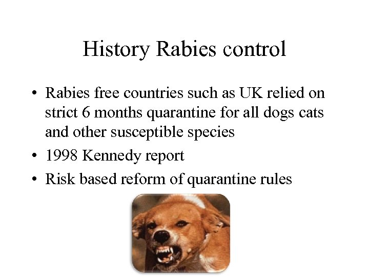 History Rabies control • Rabies free countries such as UK relied on strict 6