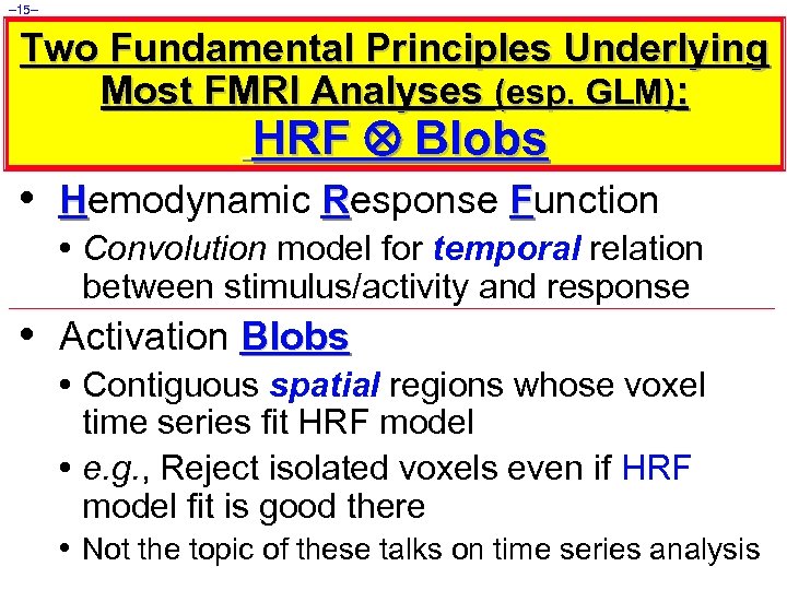– 15– Two Fundamental Principles Underlying Most FMRI Analyses (esp. GLM): HRF Blobs •