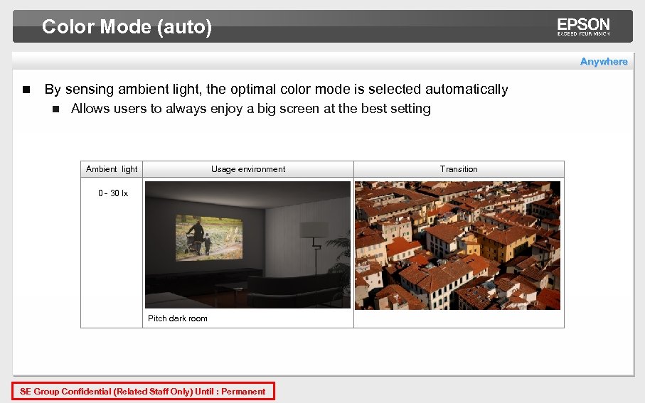 Color Mode (auto) Anywhere n By sensing ambient light, the optimal color mode is