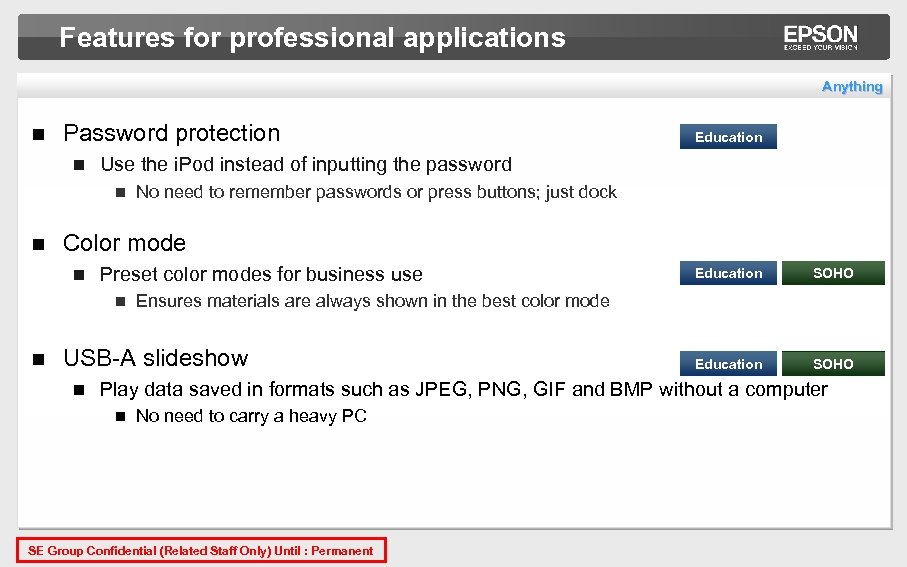 Features for professional applications Anything n Password protection n Use the i. Pod instead