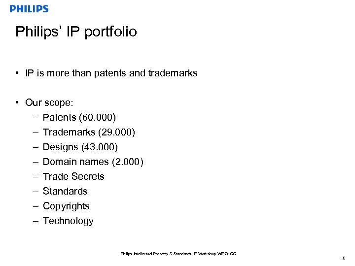 Philips’ IP portfolio • IP is more than patents and trademarks • Our scope: