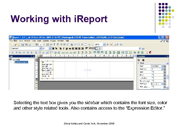 Working with i. Report Selecting the text box gives you the sidebar which contains