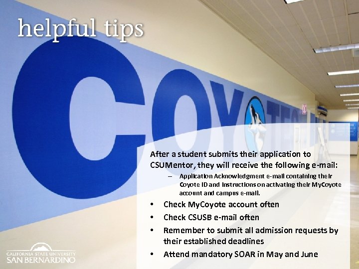 After a student submits their application to CSUMentor, they will receive the following e-mail: