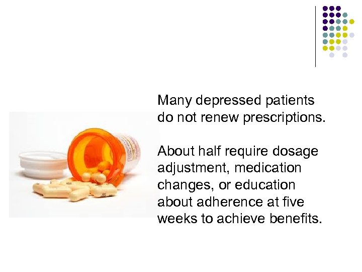 Many depressed patients do not renew prescriptions. About half require dosage adjustment, medication changes,