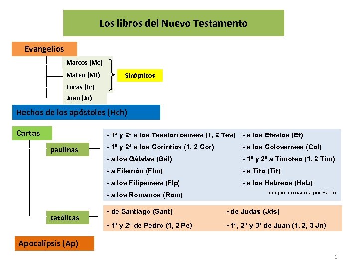 Los libros del Nuevo Testamento Evangelios Marcos (Mc) Mateo (Mt) Sinópticos Lucas (Lc) Juan