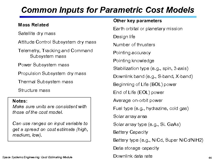 Common Inputs for Parametric Cost Models Mass Related Satellite dry mass Attitude Control Subsystem