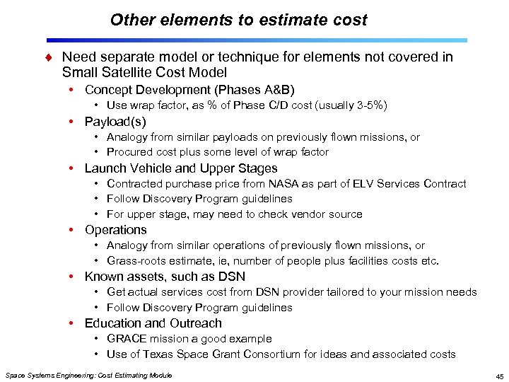 Other elements to estimate cost Need separate model or technique for elements not covered