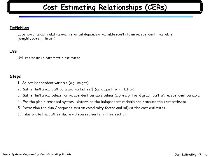 Cost Estimating Relationships (CERs) Definition Equation or graph relating one historical dependent variable (cost)