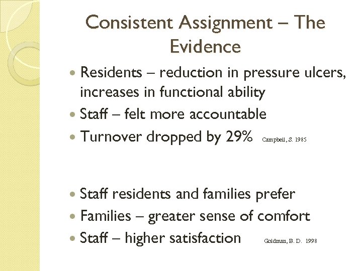 Consistent Assignment – The Evidence Residents – reduction in pressure ulcers, increases in functional