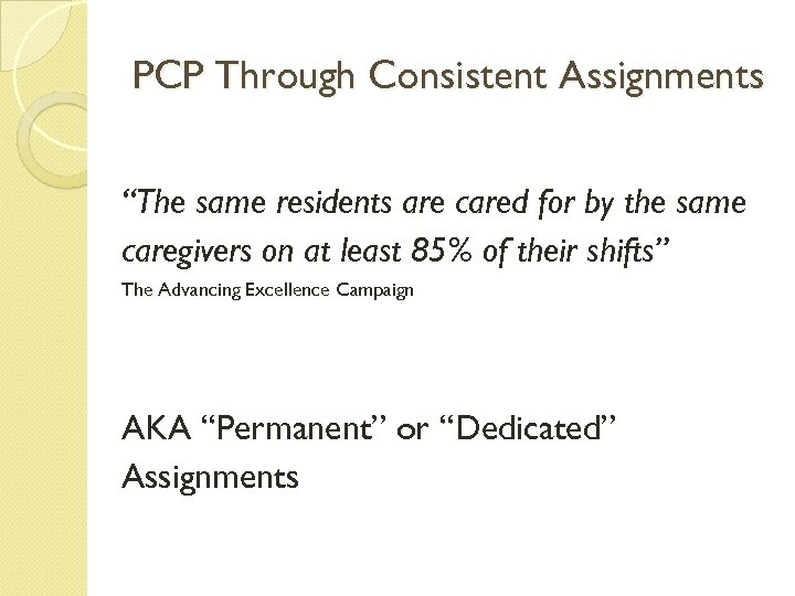 PCP Through Consistent Assignments “The same residents are cared for by the same caregivers