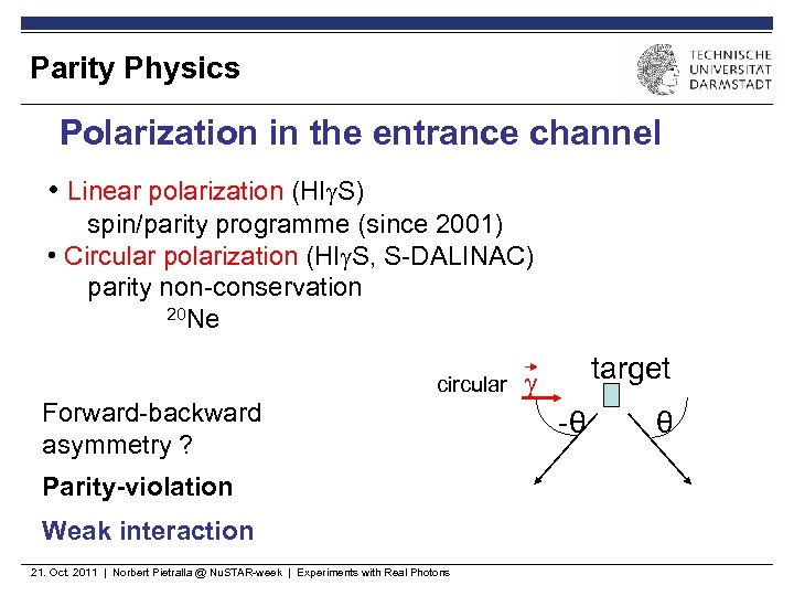Parity Physics Polarization in the entrance channel • Linear polarization (HI S) spin/parity programme