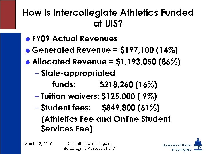 How is Intercollegiate Athletics Funded at UIS? = FY 09 Actual Revenues = Generated