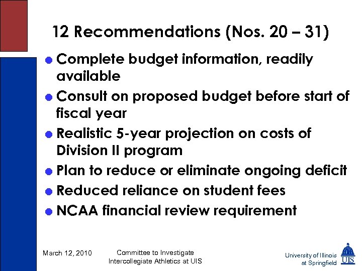 12 Recommendations (Nos. 20 – 31) = Complete budget information, readily available = Consult