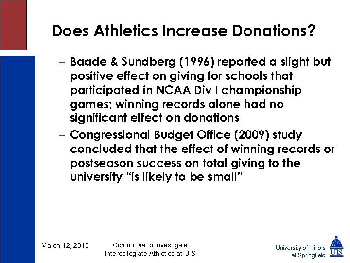 Does Athletics Increase Donations? – Baade & Sundberg (1996) reported a slight but positive
