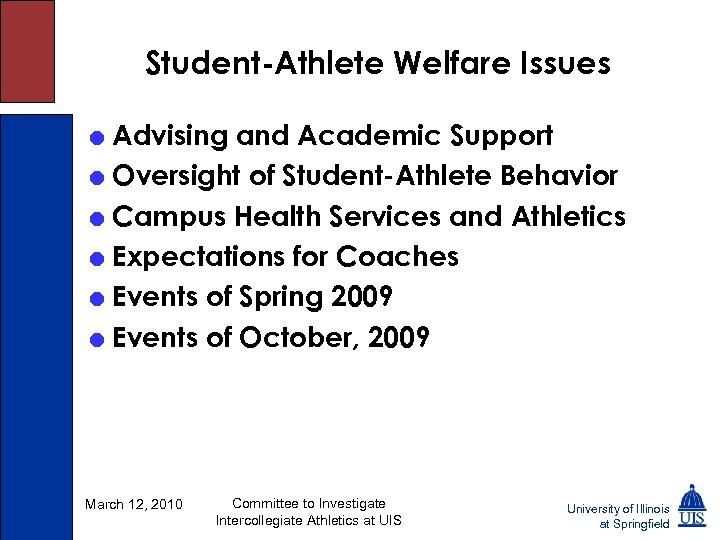 Student-Athlete Welfare Issues = Advising and Academic Support = Oversight of Student-Athlete Behavior =