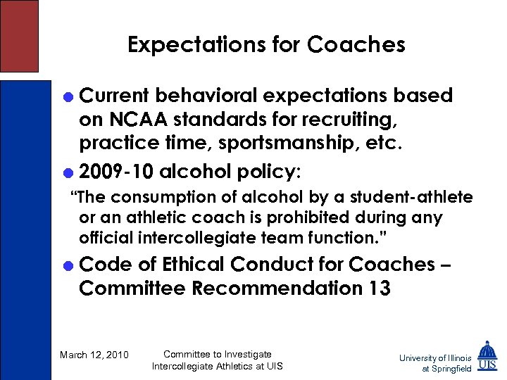 Expectations for Coaches = Current behavioral expectations based on NCAA standards for recruiting, practice