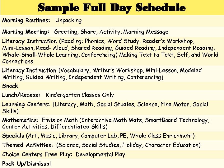 Sample Full Day Schedule Morning Routines: Unpacking Morning Meeting: Greeting, Share, Activity, Morning Message