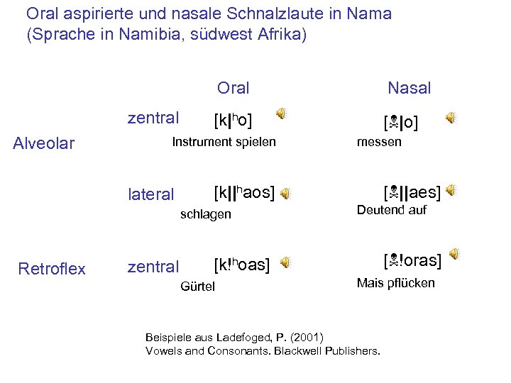 Oral aspirierte und nasale Schnalzlaute in Nama (Sprache in Namibia, südwest Afrika) Oral zentral
