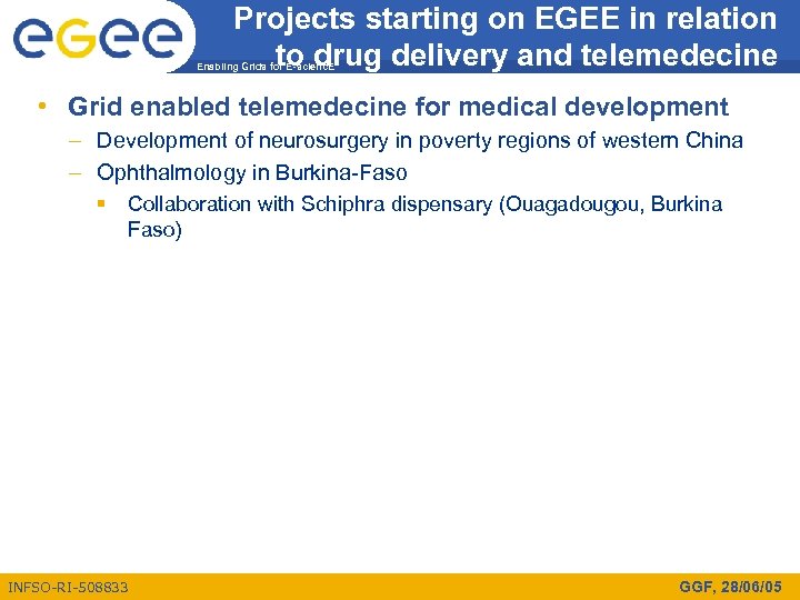 Projects starting on EGEE in relation to drug delivery and telemedecine Enabling Grids for