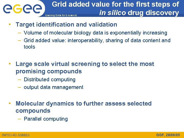 Grid added value for the first steps of in silico drug discovery Enabling Grids