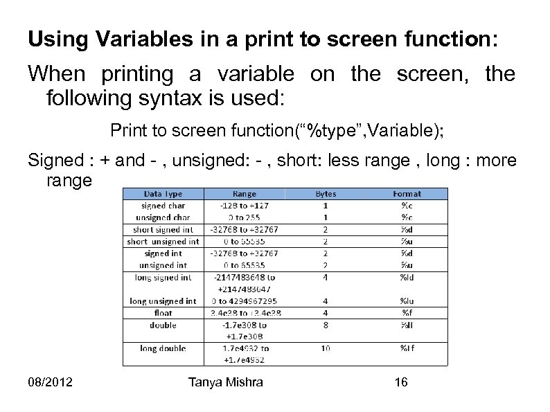 Using Variables in a print to screen function: When printing a variable on the