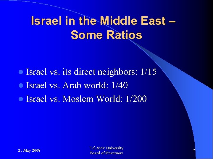 Israel in the Middle East – Some Ratios l Israel vs. its direct neighbors: