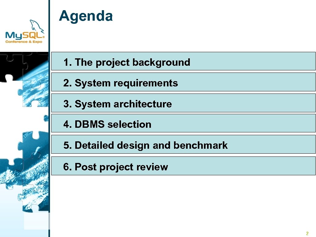 Agenda 1. The project background　 2. System requirements　 3. System architecture　 4. DBMS selection