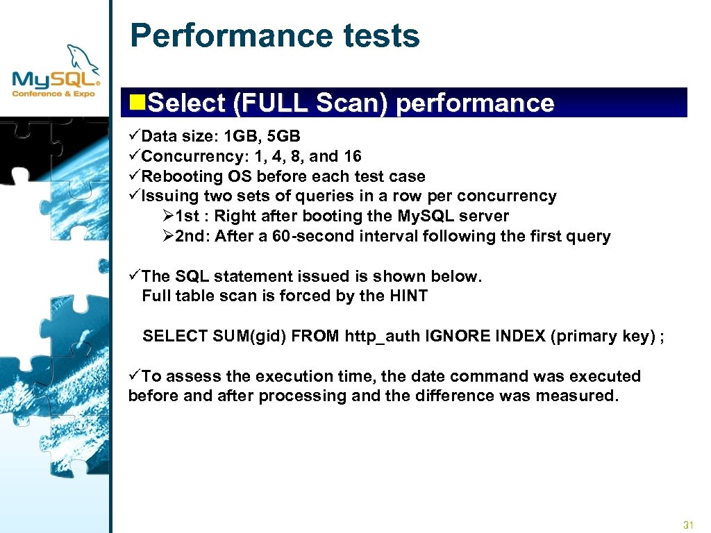 Performance tests n. Select (FULL Scan) performance üData size: 1 GB, 5 GB üConcurrency: