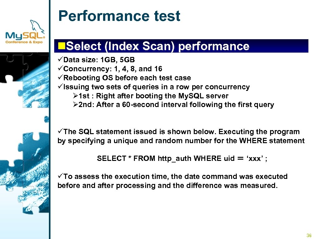 Performance test n. Select (Index Scan) performance üData size: 1 GB, 5 GB üConcurrency: