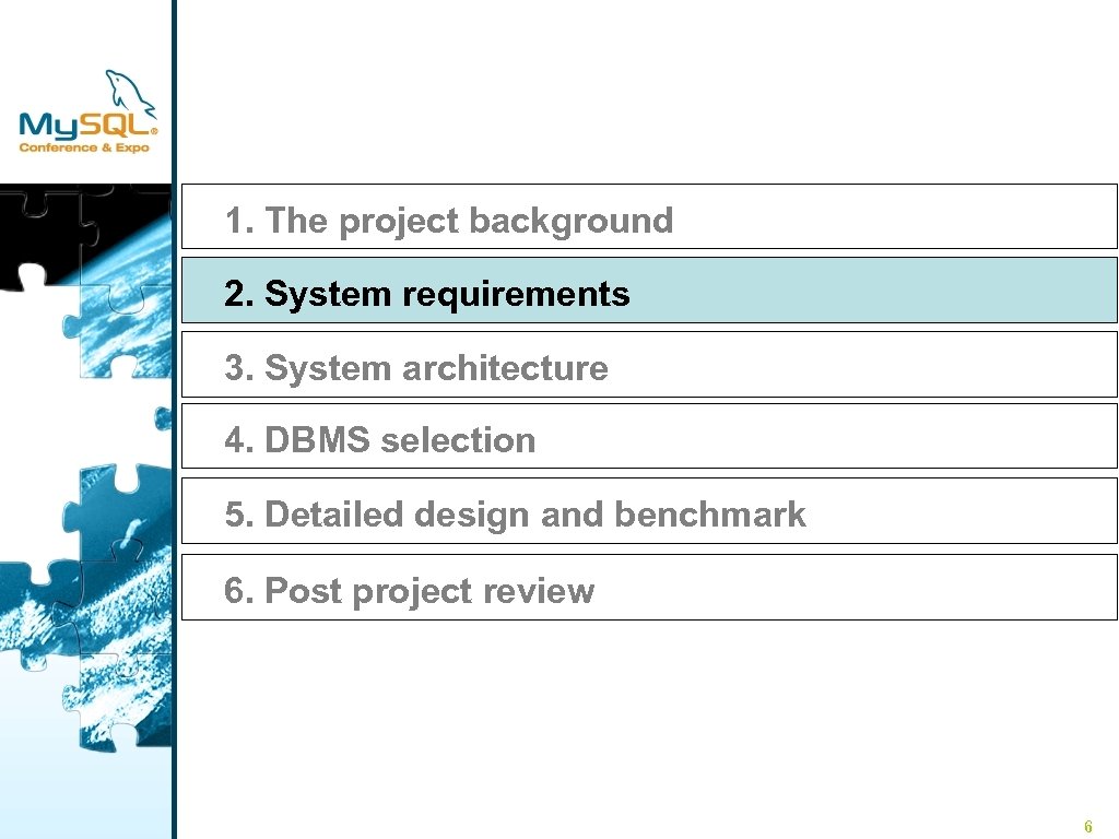 1. The project background　 2. System requirements　 3. System architecture　 4. DBMS selection 5.