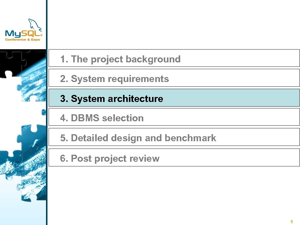 1. The project background　 2. System requirements　 3. System architecture　 4. DBMS selection 5.