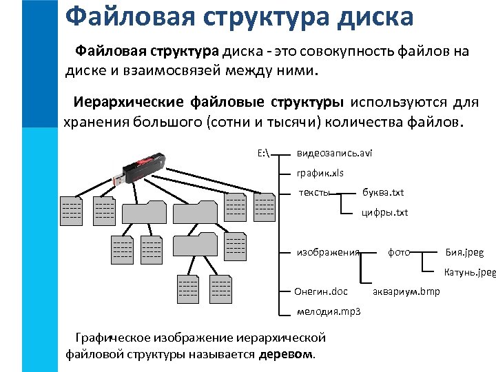 Файловая структура диска - это совокупность файлов на диске и взаимосвязей между ними. Иерархические