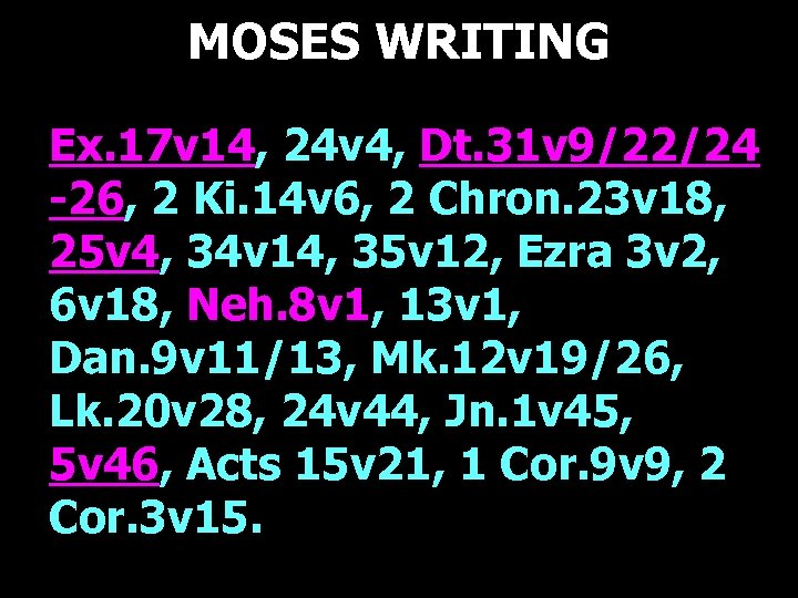 MOSES WRITING Ex. 17 v 14, 24 v 4, Dt. 31 v 9/22/24 -26,