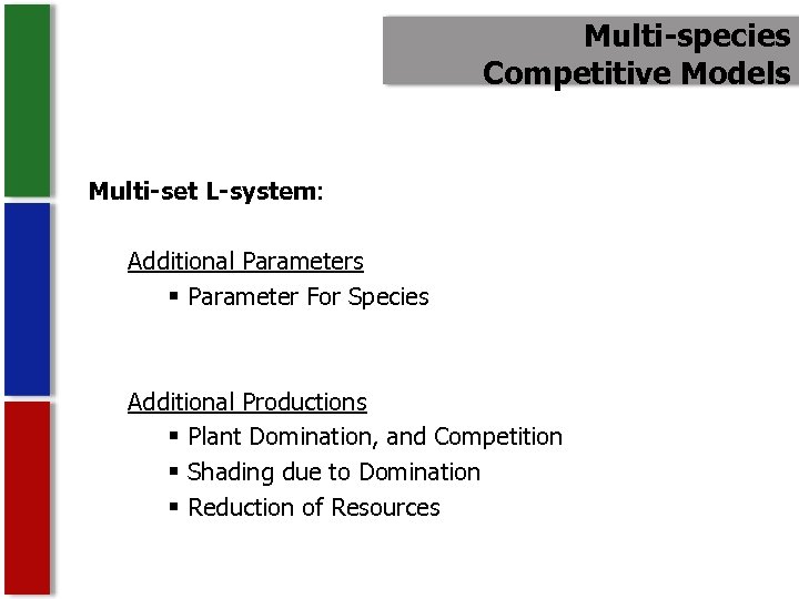 Multi-species Competitive Models Multi-set L-system: Additional Parameters § Parameter For Species Additional Productions §