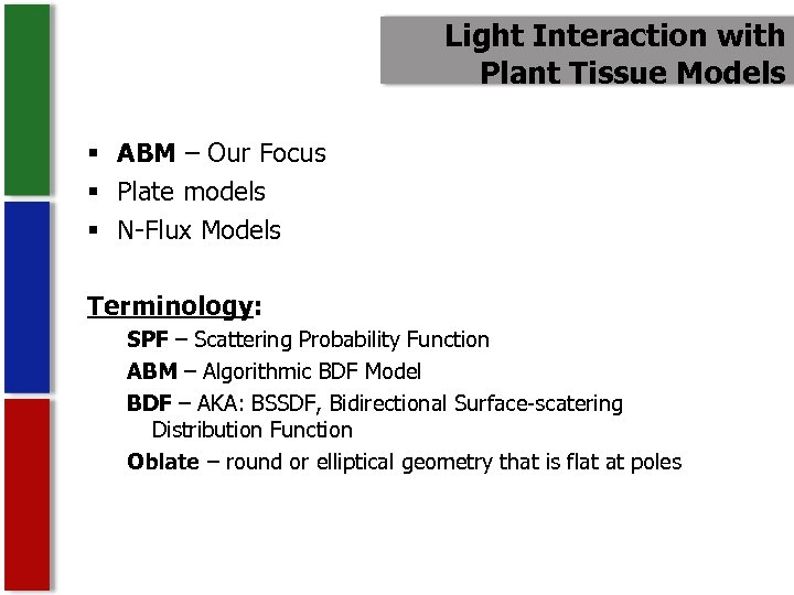 Light Interaction with Plant Tissue Models § ABM – Our Focus § Plate models