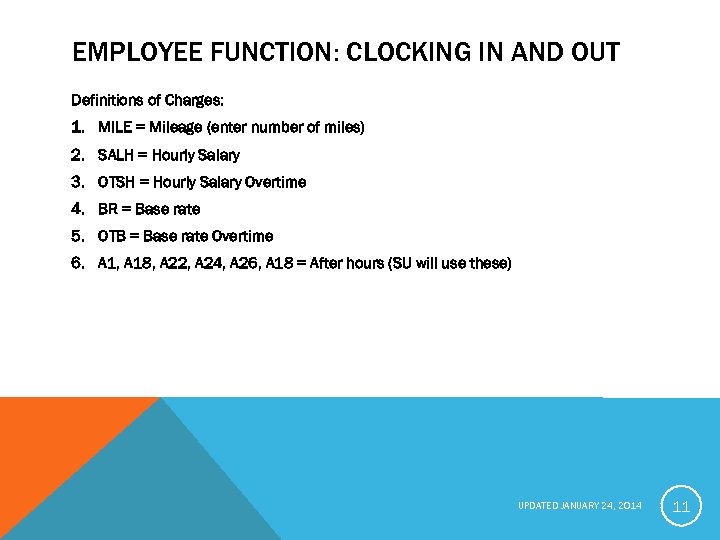 EMPLOYEE FUNCTION: CLOCKING IN AND OUT Definitions of Charges: 1. MILE = Mileage (enter