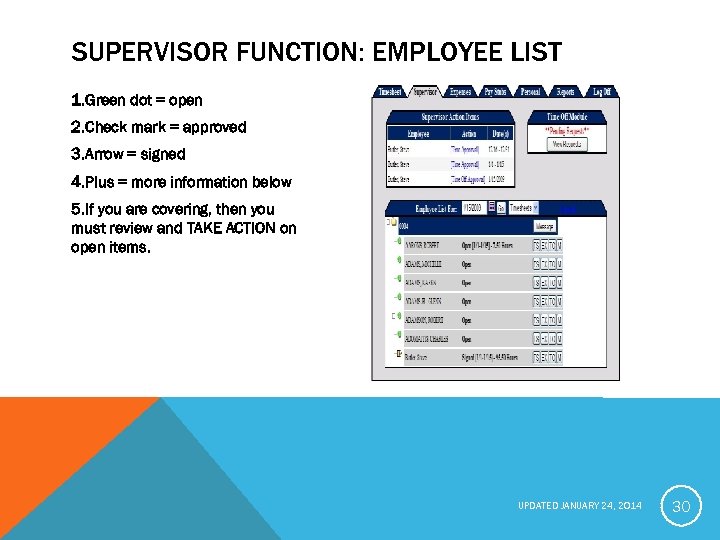 SUPERVISOR FUNCTION: EMPLOYEE LIST 1. Green dot = open 2. Check mark = approved