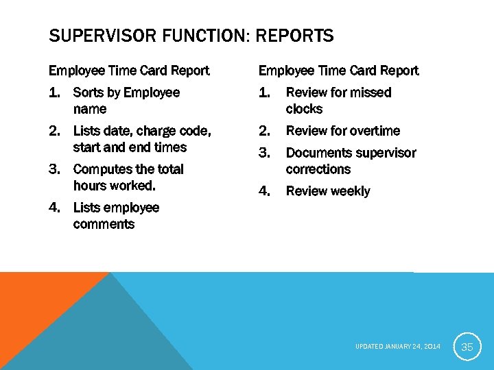 SUPERVISOR FUNCTION: REPORTS Employee Time Card Report 1. Sorts by Employee name 1. Review