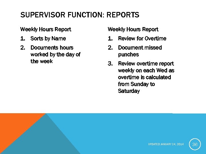 SUPERVISOR FUNCTION: REPORTS Weekly Hours Report 1. Sorts by Name 1. Review for Overtime